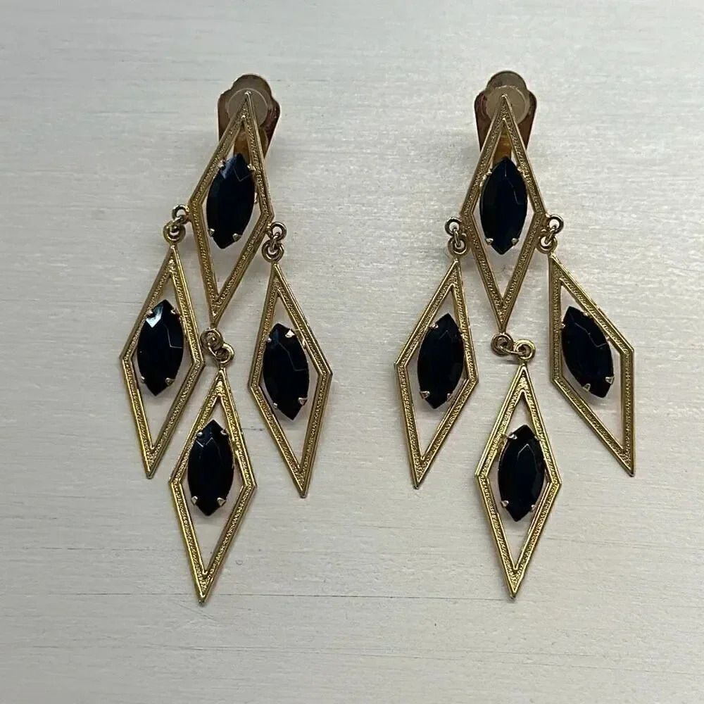 Vintage Les Bernard Gold Tone Black Clip On Earrings Rare Unique